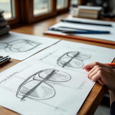 Schizzi di design di occhiali su un tavolo da lavoro.